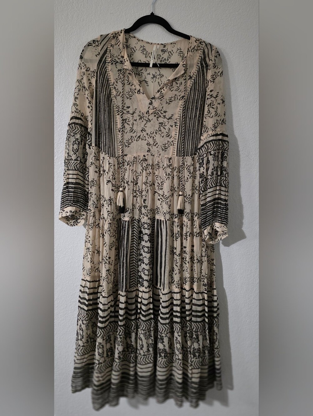 Anthropologie Cream and Black Printed Tiered Maxi Dress